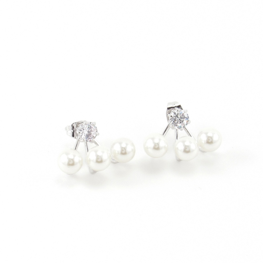 Triple Pearl Ear Jackets Silver With Crystal Studs